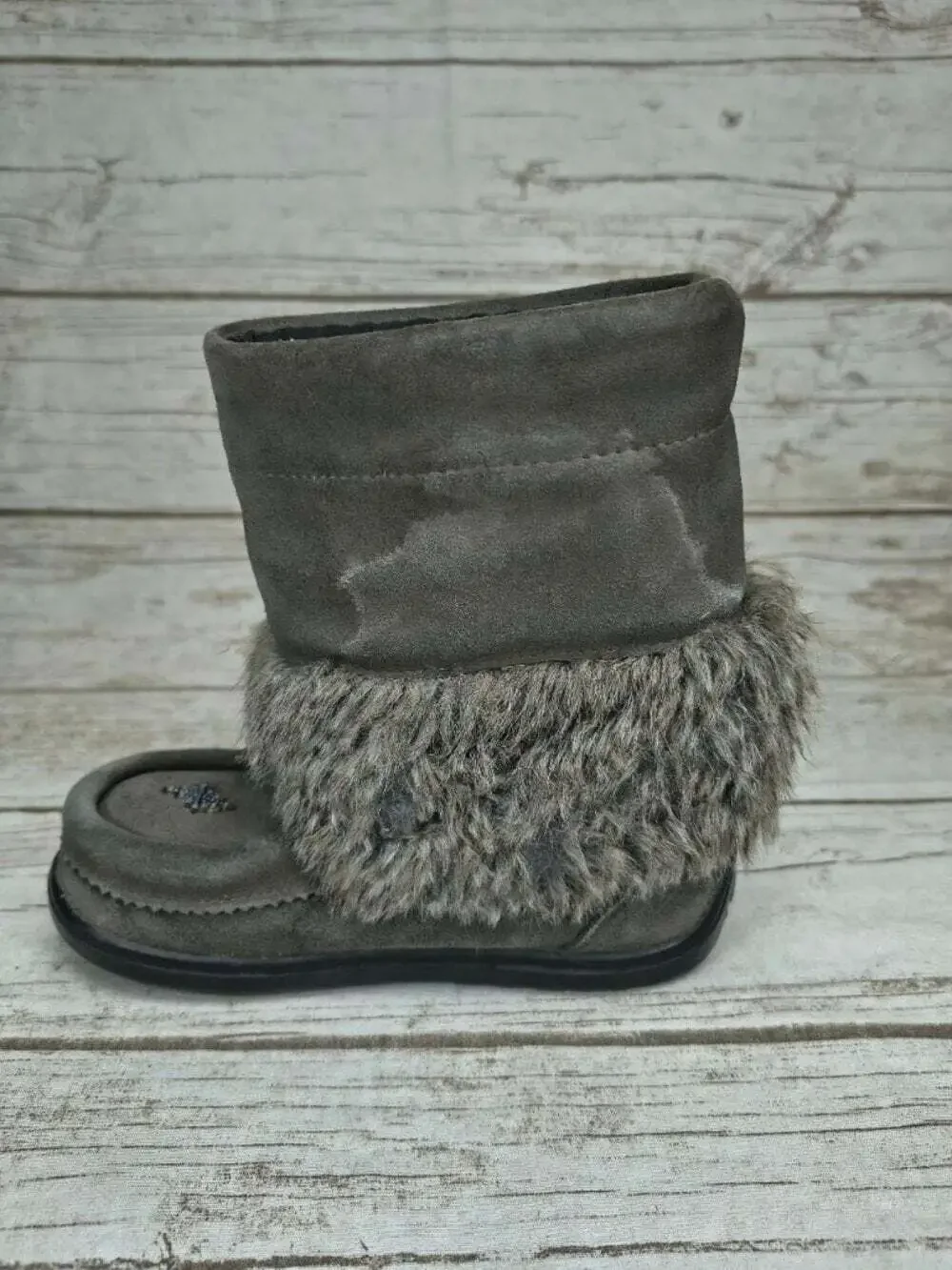 Manitobah Mukluks Gray Fur Trim Waterproof Winter Boots Youth Size 1